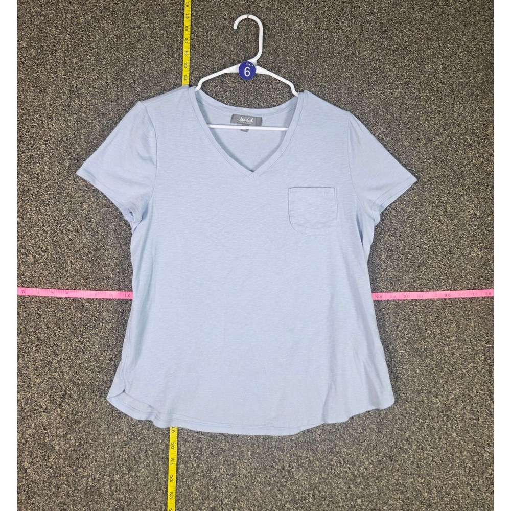 Marled T Shirt Women XL Blue V-Neck Short Sleeve Pocket Slub Knit Tee